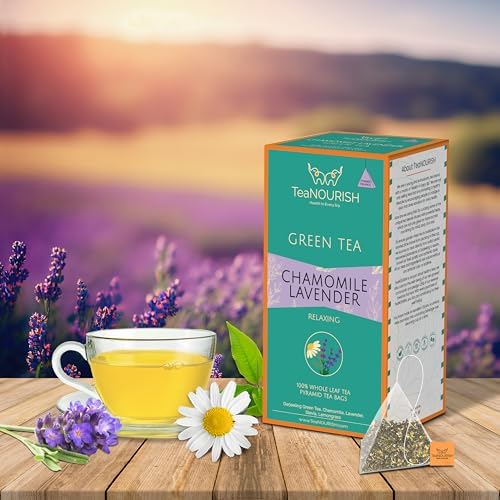 TeaNOURISH Chamomile Lavender Green Tea | 20 Count Pyramid Tea Bags | Whole Leaf Tea | Calming & Relaxing Chamomile Sleep Tea | Bedtime Tea | 100% NATURAL INFUSION