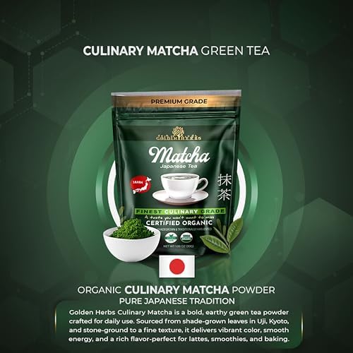 Golden Herbs Culinary Grade Matcha Organic Japanese Green Tea Powder for Lattes, Smoothies & Baking – Vibrant Green, Rich Umami Flavor, Stone-Ground for Maximum Freshness Resealable Pouch (30 Grams, Culinary Quality)