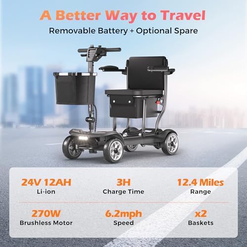 Lightweight Mobility Scooter for Adults & Seniors - Cruise & Airport Approved, 43lb Foldable Portable Motorized Scooters with Removable Lithium Battery for 12.4 Miles Travel, 300lb Capacity, Black