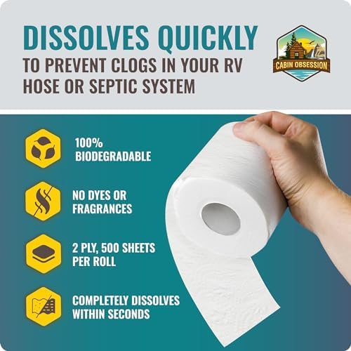 RV Toilet Paper - 12 Pack Septic Safe Toilet Paper 2-Ply Quick Dissolving Camper Tissue Paper Septic Safe to Prevent Clogs - Perfect for Automotive RVs, Septic Tank Systems, Boats, and Camping