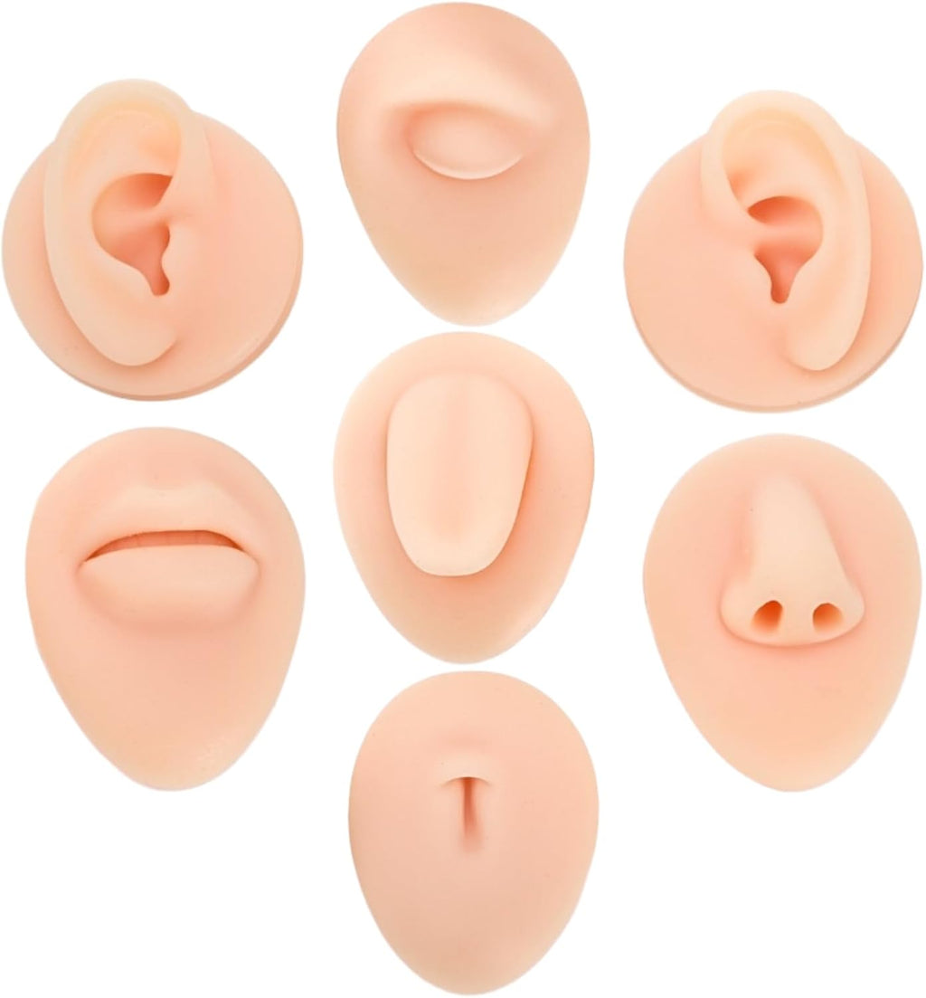 7 Pack Silicone Piercing Model, Soft Silicone Flexible Model Body Parts Displays Set, 3D Simulation Body Pierce Tool Kit with Ear Eye Nose Mouth Tongue Navel for Novice Piercer