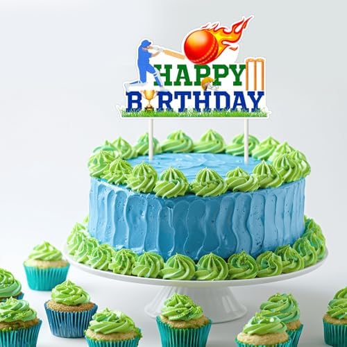 Cricket Cake Topper Cricket Birthday Party Decoration Cricket Theme Happy Birthday Cake Pick Double Sided Printing Sport Theme Cake Decoration for Kids Adults Birthday Party Supplies