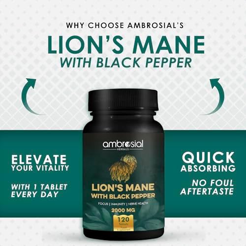 AMBROSIAL Lion's Mane with Black Pepper - 2000 mg Pack of 1-120 Tablets