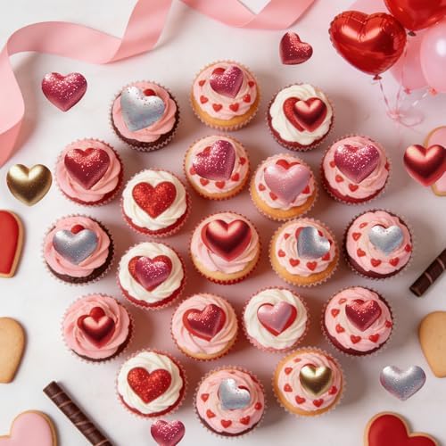 56PCS Edible Heart Cupcake Toppers Wafer Paper Red Pink Heart Cupcake Picks Sweet Love Cake Decor for Valentine's Day Theme Party Birthday Decoration Supplies