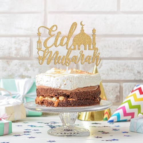 Eid Mubarak Cake Topper, Ramadan Kareem, Eid Ramadan Hajj Mubarak Festival Anniversary Party Decorations Supplies Gold Glitter