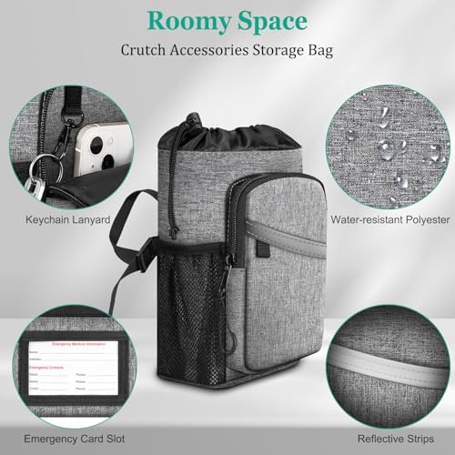 FINPAC Crutch Accessories Bag, Water-Resistant Storage Organizer Tote Bag with Drink Holder and Zipper Pouch for Crutches, Underarm Crutches Attachment, Gray