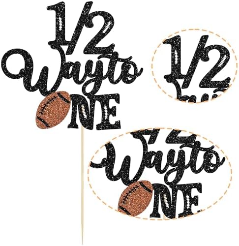 Gyufise 1Pc Soccer Half Way to One Cake Topper Glitter Rugby Happy 6 Months Birthday Cake Pick 1/2 Half Birthday Cake Decoration for Baby Half Year Old Birthday Party Decorations Supplies Brown