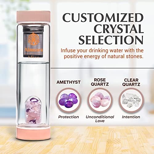 Almeara Crystal Water Bottle | Amethyst, Rose Quartz & Clear Quartz Crystals | Authentic Gemstones – Loose Leaf Tea infuser – Gem Elixir Infused Tempered Glass Water Bottle - Gift ready box - 16.9 oz