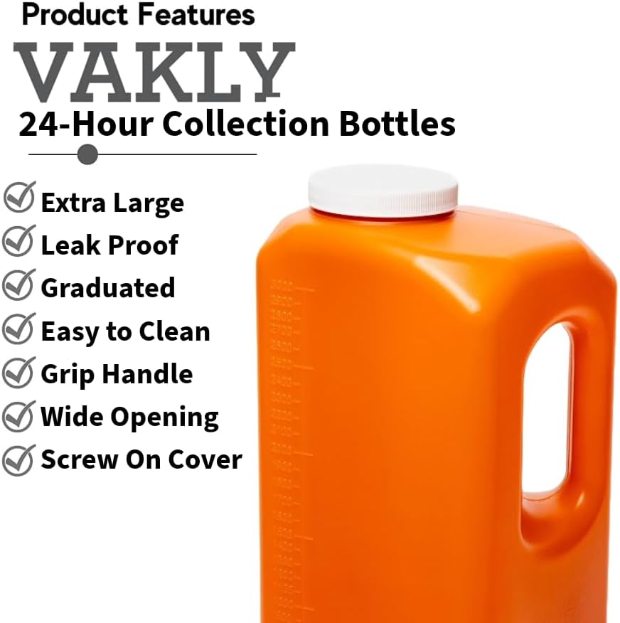 Vakly 24-Hour Urine Collection Bottle 1 – Large Graduated Container with Easy-Grip Handle, Wide Opening & Screw-On Cover for Overnight Collection