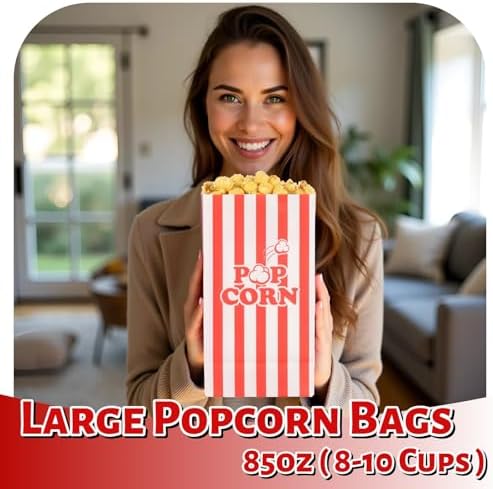 85oz Large Paper Popcorn Bags, Popcorn Individual Bag for Family Party, Big Snack Bags For Movie Night Supplies - Red White Stripe - 100Pcs/Pack