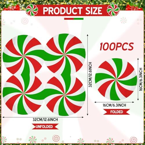 Engrowtic 100 Pcs Christmas Candy Paper Napkins Peppermint Christmas Cocktail Napkins 6.3 x 6.3 Inch Red Green Striped Round Lollipop Paper Towels for Xmas Dinner Winter Holiday Party Supplies