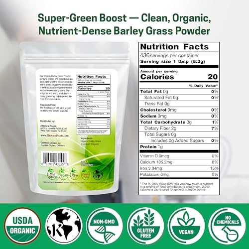 Z Natural Foods Organic Barley Grass Powder - USDA Organic Whole Food Green Blend for Energy Boost, Detox & pH Balance with Amino Acids, Minerals - Antioxidant Mix for Juice, Water, Smoothies, 5 lbs