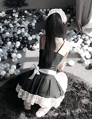 Women's Halter French Maid Sexy Cosplay Costumes Outfit Lace Trim Roleplay Lingerie Dress with Thong