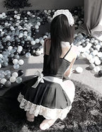 Women's Halter French Maid Sexy Cosplay Costumes Outfit Lace Trim Roleplay Lingerie Dress with Thong
