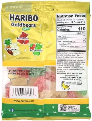 Christmas Haribo Sour Goldbears, Assorted Fruit Flavored Gummy Bears, Holiday Stocking Stuffer Candy, 4 Ounces (Pack of 3)