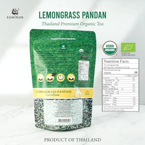 Suwirun Organic Lemongrass & Pandan Tea 25 Bags – Product of Thailand – Aromatic Thai Herbal Blend, Caffeine-Free, No Calories, Natural Fragrance, Brew Hot or Cold
