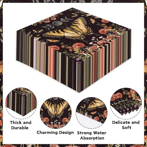 100Pcs Retro Black Butterfy Paper Napkins 3-ply 6.5" x 6.5" Disposable Farmhouse Moon Large Dinner Size Napkins Black Gothic Square Beverage Napkin for Seasonal Autumn Kitchen Supplies