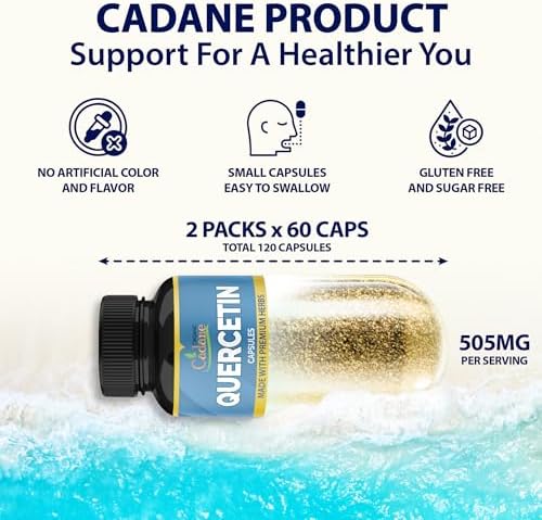 Organic Cadane 2 Packs Quercetin Supplements Capsules, 6in1 with Turmeric, Berberine, Stinging Nettle, Black Seed, Black Pepper - Supports Immune System - 4 Months Supply