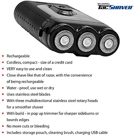 Bell+Howell Tacshaver 3D Rechargeable Rotary Shaver for Men with Pop-up Trimmer for Sideburns, Moustache and Beard, Waterproof, Portable, and Cordless Electric Razor As Seen On TV (Deluxe)