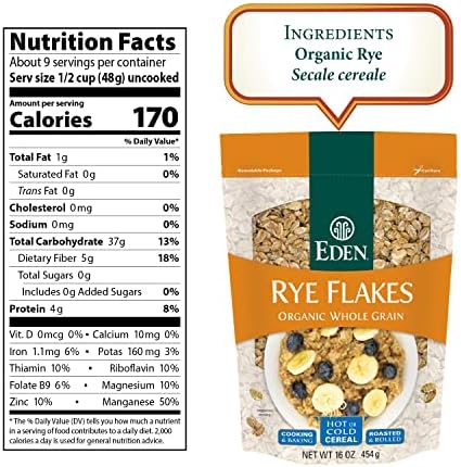 Eden Organic Rye Flakes, 16 oz, Toasted and Rolled, 100% Whole Grain, Cereal, Hot or Cold