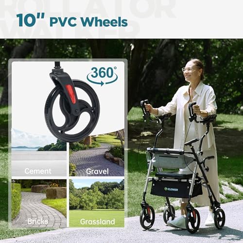 ELENKER Upright Rollator Walker, Stand Up Walkers for Seniors with Armrest, Front Pouch, 10”Wheels, Sponge Padded Seat and Backrest, Fully Adjustment Frame, Champagne