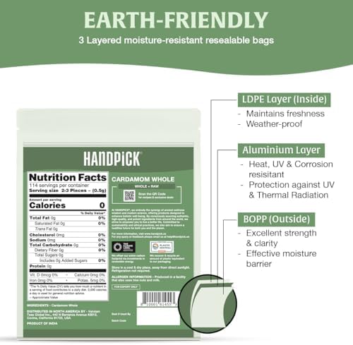HANDPICK Green Cardamom Pods (57g / 2oz) Large size Green Elaichi | Pure, Non-GMO, Gluten Free | 100% Raw from India | Resealable Zip Lock Pouch