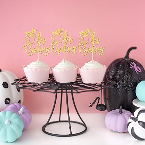 24 PCS Pumpkin Oh Baby Cupcake Toppers Glitter Gender Reveal Pumpkin Cupcake Picks for Fall Theme Baby Shower Kids Birthday Party Cake Decorations Supplies Gold