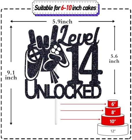Tivurcia Level 14 Unlocked Cake Topper, Video Game Boys 14th Birthday Cake Decorations, Bruh I'm Fourteen, Level Up Winner Birthday Party Decoration Supplies, Black Glitter