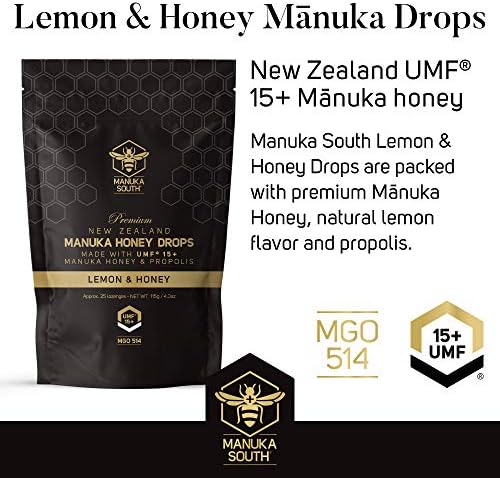 Manuka Honey Drops UMF 15+ / MGO 514+ & Propolis Drops Made in New Zealand – Natural Ingredients – Soothing Drops – Lemon & Honey Flavor - 25 Drops