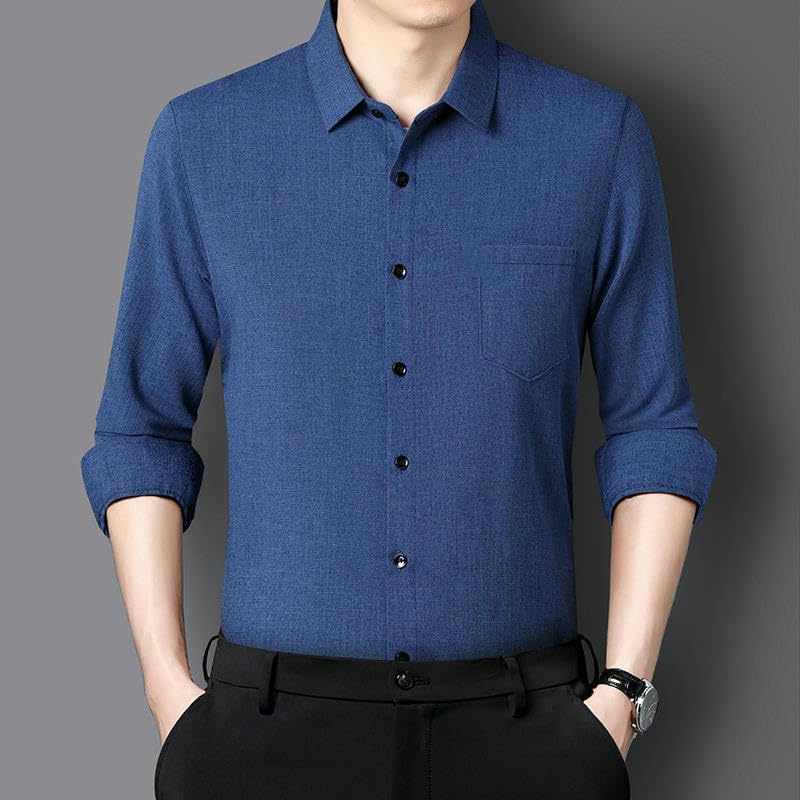 Men's Business Casual Cotton Linen Solid Slim Fit Long Sleeve Shirt Breathable Button Down