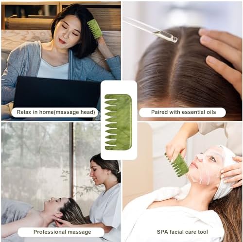 gemshan Jade Gua Sha Comb, 2pcs Green Jade Massage Comb Tool for Head Caring, Relax Head Scalp Deep Tissue Point Massager Scraping Therapy Tool