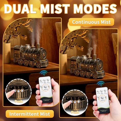 Train Diffusers for Essential Oils with Remote Control, 300ML Creative Lighting Steam Locomotive Humidifier, 2-Color Light & Mist Modes for Bedroom Office