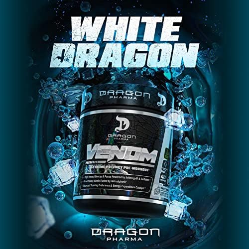 DRAGON PHARMA Venom Extreme Potency Pre-Workout, Laser Sharp Focus + Energy, Intense Performance, Proven Ingredients for Enhanced Vasodilation & Endurance (40 Servings, White Dragon)