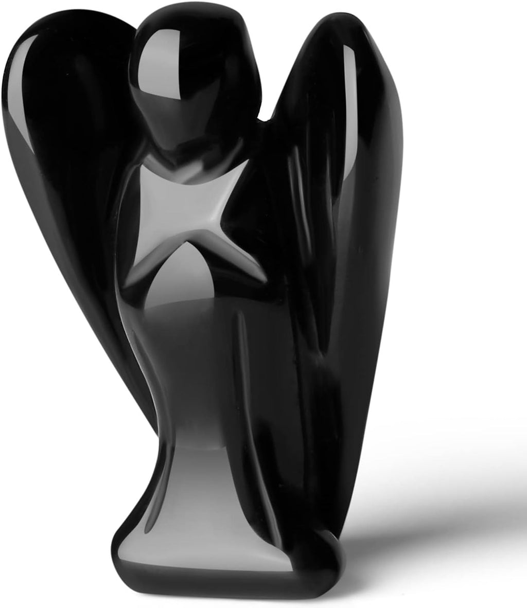 QINJIEJIE Black Obsidian Angel Crystals Healing Pocket Guardian Angel Decor Polished Healing Crystal Gemstone Carved Statue Peace Angel Figurine Spiritual Gift Meditation Protect for Angel Lover