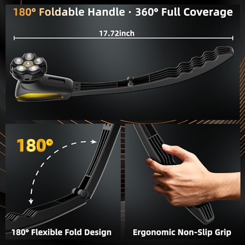 Back Shaver for Men: Long Foldable Handle Electric Back Razor with 6D No-Scratch Shaving - Waterproof Grooming Kit for Body/Beard/Head/Face Hair Removal, Gifts for Husband Dad (Black)