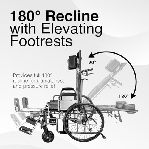 Dynarex Bariatric Reclining Wheelchair with Elevating Leg Rests - 24" Wide Seat - Manual Wheelchair with Anti Tippers, Padded Armrests, Foldable - 500 lbs Capacity - 1 Count