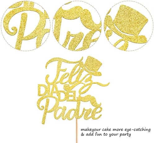 Rsstarxi 1 Pack Feliz Dia Del Padre Cake Topper Glitter Happy Father's Day Cake Pick for Happy Father's Day Theme Party Dad Birthday Cake Decorations Supplies Gold