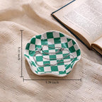Koythin Ceramic Jewelry Tray, Checkered Pattern Aesthetic Decorative Trinket Dish for Rings, Earrings Necklaces Bracelet Watch Holder, Small Key Bowl, Birthday Mother's Day for Women (Green)