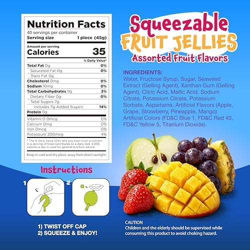 Fruit Squeezable Jellies - 40 Count Jar - Tik Tok Candy - Fun Jelly Treat in Assorted Fruit Flavors - Easter Candy - Mango, Strawberry, Apple, Pineapple & Grape - Gelatin Free