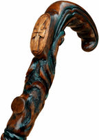 Wooden Christian Cross Engraved Hand Carved Cane - Premium Wood Carved Walking Stick Cane with Ergonomic Palm Grip Handle - 36" Brown Handmade Elegant Carved Walking Stick for Men Women