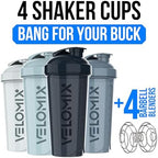 VELOMIX -4 PACK 28 Oz Protein Shaker Bottle for Protein Mixes - 4x Wire Whisk | Leak Proof Shaker Cups for Protein Shakes | Large, Stackable Protein Shaker Bottle Pack | Dishwasher Safe (Aqua Depths)