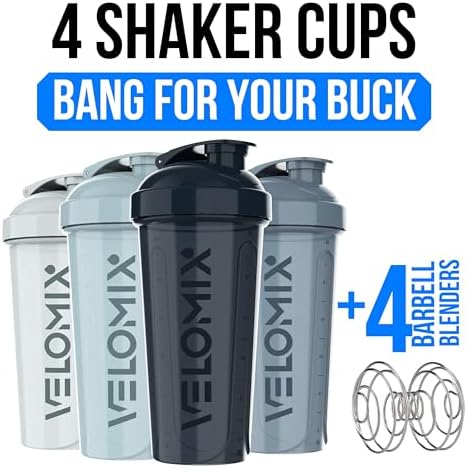VELOMIX -4 PACK 28 Oz Protein Shaker Bottle for Protein Mixes - 4x Wire Whisk | Leak Proof Shaker Cups for Protein Shakes | Large, Stackable Protein Shaker Bottle Pack | Dishwasher Safe (Aqua Depths)