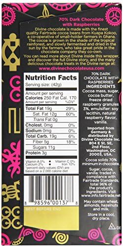 Divine Fairtrade Dark Chocolate - 70% Cocoa Raspberry (100g) - Pack of 6