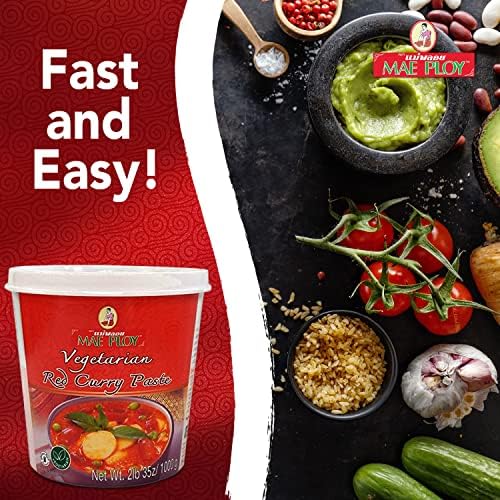 Mae Ploy Vegetarian Red Curry Paste with Authentic Thai Spices Like Shallots, Chili, Lemongrass, Galangal, Kaffir Lime, Garlic, No MSG, Preservatives Or Artificial Coloring (35 oz Tub)