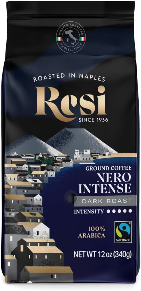 Resi Coffee - Nero Intense Ground Coffee, Dark Roast, Italian, Italy, Roasted In Naples, 100% Arabica, 12 oz, 1Bag