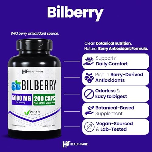 Healthfare Bilberry Supplement for Eyes | 5000mg Extract | Vision & Eye Health Support | Antioxidant Support | 200 Vegan Capsules | Extra Strength | Non-GMO, Gluten-Free | Made in USA