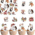36PCS Edible Floral Horse Cupcake Toppers Wafer Paper Western Cowgirl Cupcake Toppers Edible Derby Horse Cupcake Picks for Western Derby Horse Theme Party Decoration Supplies