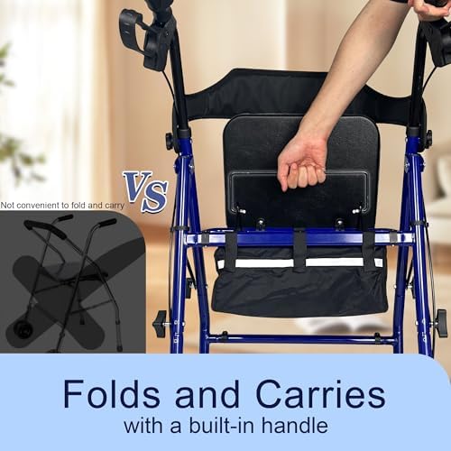 Foldable Rollator Walker with Seat for Seniors, Easy Folding & One-Hand Carry, Walkers for Seniors-All-Terrain Wheels, Height Adjustable Lightweight Rolling Walker for Elderly, Blue