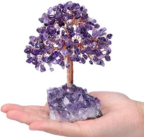 Jovivi Natural Amethyst Healing Crystal Money Tree on Amethyst Cluster Geode Druzy Base Feng Shui Crystals for Home Office Desk Decorations, Wealth, Good Luck