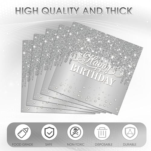 40PCS Silver Happy Birthday Napkins Silver Theme Party Decorations Disposable Cocktail Napkins for lunch,Dinner,Birthdays, Weddings, Baby Showers Party Decoration Supplies